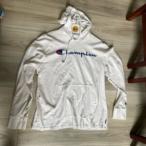 Champion Mens White Logo Long Sleeve Drawstring Hood Kangaroo Hoodie Size Medium